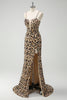 Load image into Gallery viewer, Khaki Leopard Sequins Mermaid Spaghetti Straps Long Corset Dress with Slit