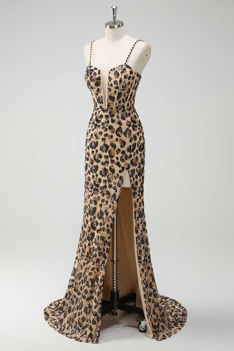 Load image into Gallery viewer, Khaki Leopard Sequins Mermaid Spaghetti Straps Long Corset Dress with Slit