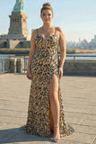 Mermaid Khaki Leopard Sequins Corset Plus Size Long Prom Dress with Slit