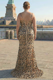 Mermaid Khaki Leopard Sequins Corset Plus Size Long Prom Dress with Slit