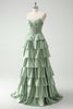 Load image into Gallery viewer, Green Sweetheart Princess Satin Tiered Long Corset Prom Dress with Slit