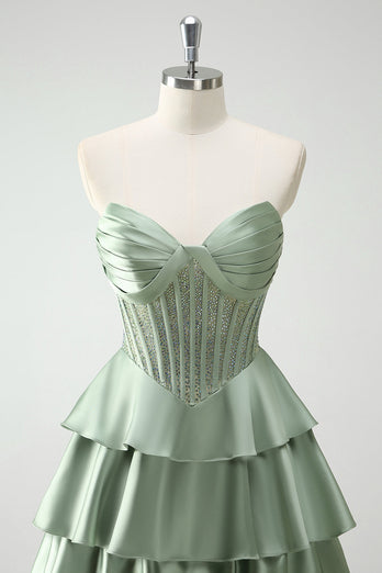 Green Sweetheart Princess Satin Tiered Long Corset Prom Dress with Slit