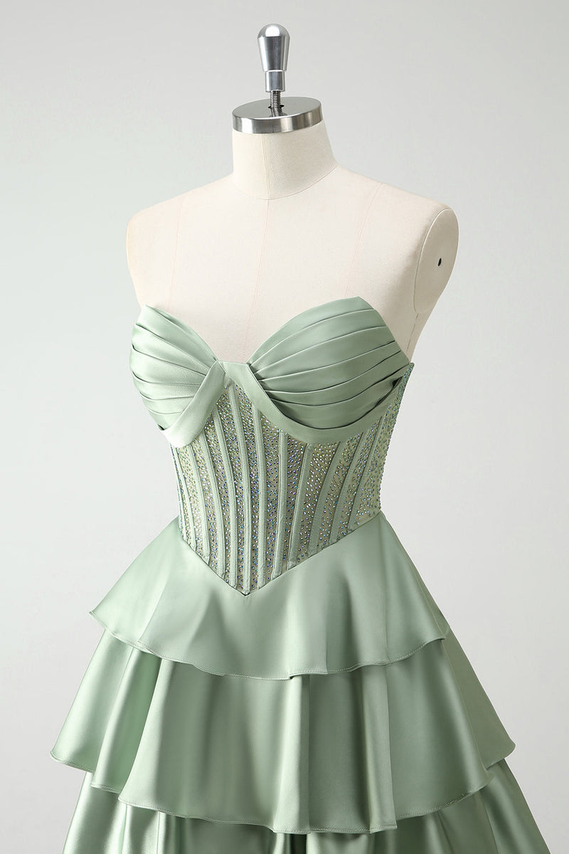 Load image into Gallery viewer, Green Sweetheart Princess Satin Tiered Long Corset Prom Dress with Slit