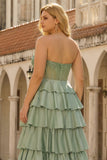 Green Sweetheart Princess Tiered Satin Corset Long Plus Size Prom Dress with Slit