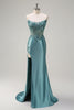 Load image into Gallery viewer, Grey Blue Mermaid Strapless Corset Satin Long Prom Dress with Slit