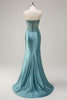 Load image into Gallery viewer, Grey Blue Mermaid Strapless Corset Satin Long Prom Dress with Slit