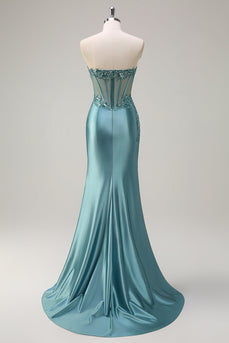 Grey Blue Mermaid Strapless Corset Satin Long Prom Dress with Slit