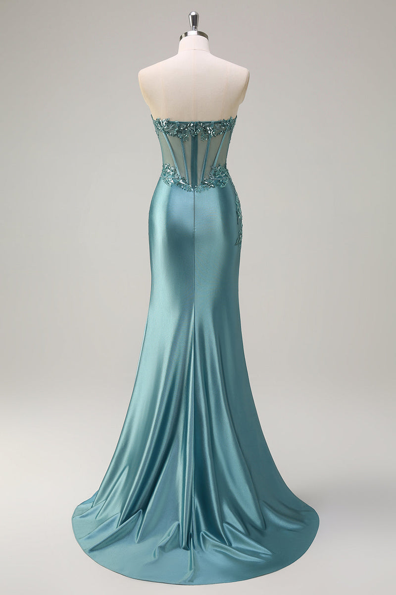 Load image into Gallery viewer, Grey Blue Mermaid Strapless Corset Satin Long Prom Dress with Slit