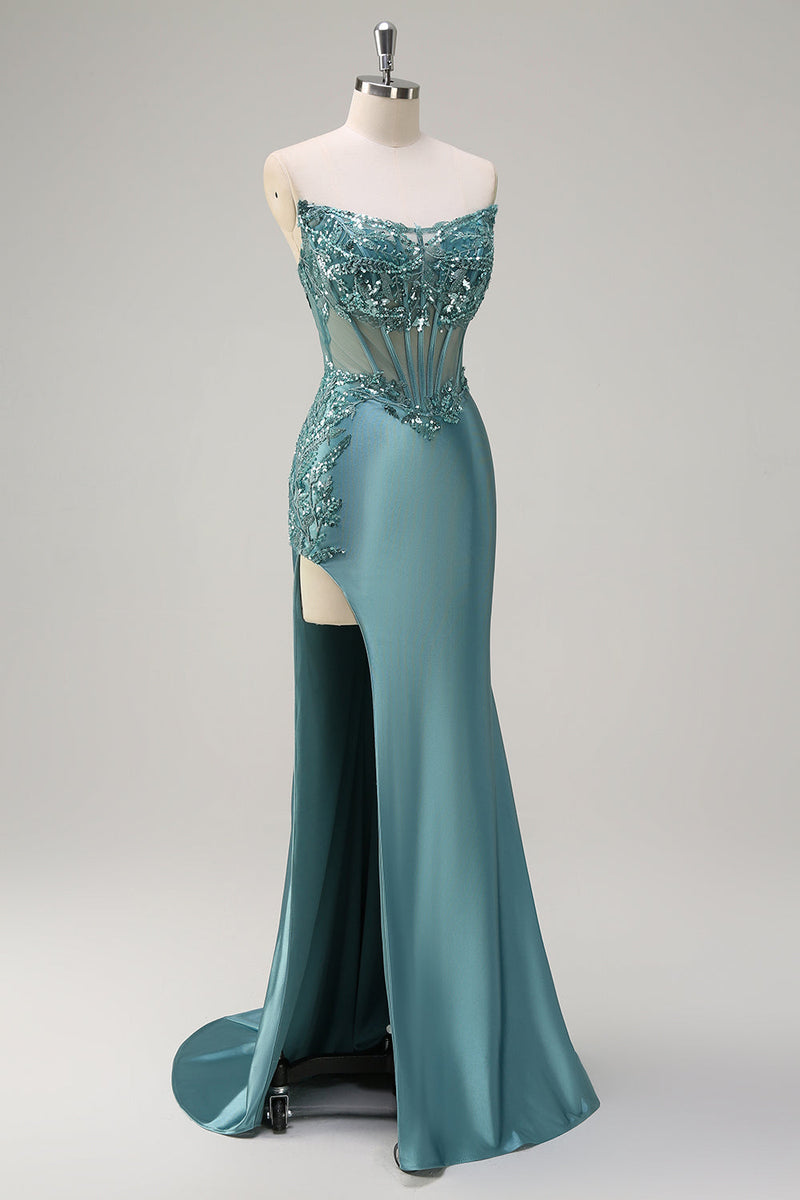 Load image into Gallery viewer, Grey Blue Mermaid Strapless Corset Satin Long Prom Dress with Slit