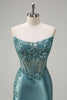 Load image into Gallery viewer, Grey Blue Mermaid Strapless Corset Satin Long Prom Dress with Slit