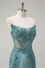 Load image into Gallery viewer, Grey Blue Mermaid Strapless Corset Satin Long Prom Dress with Slit