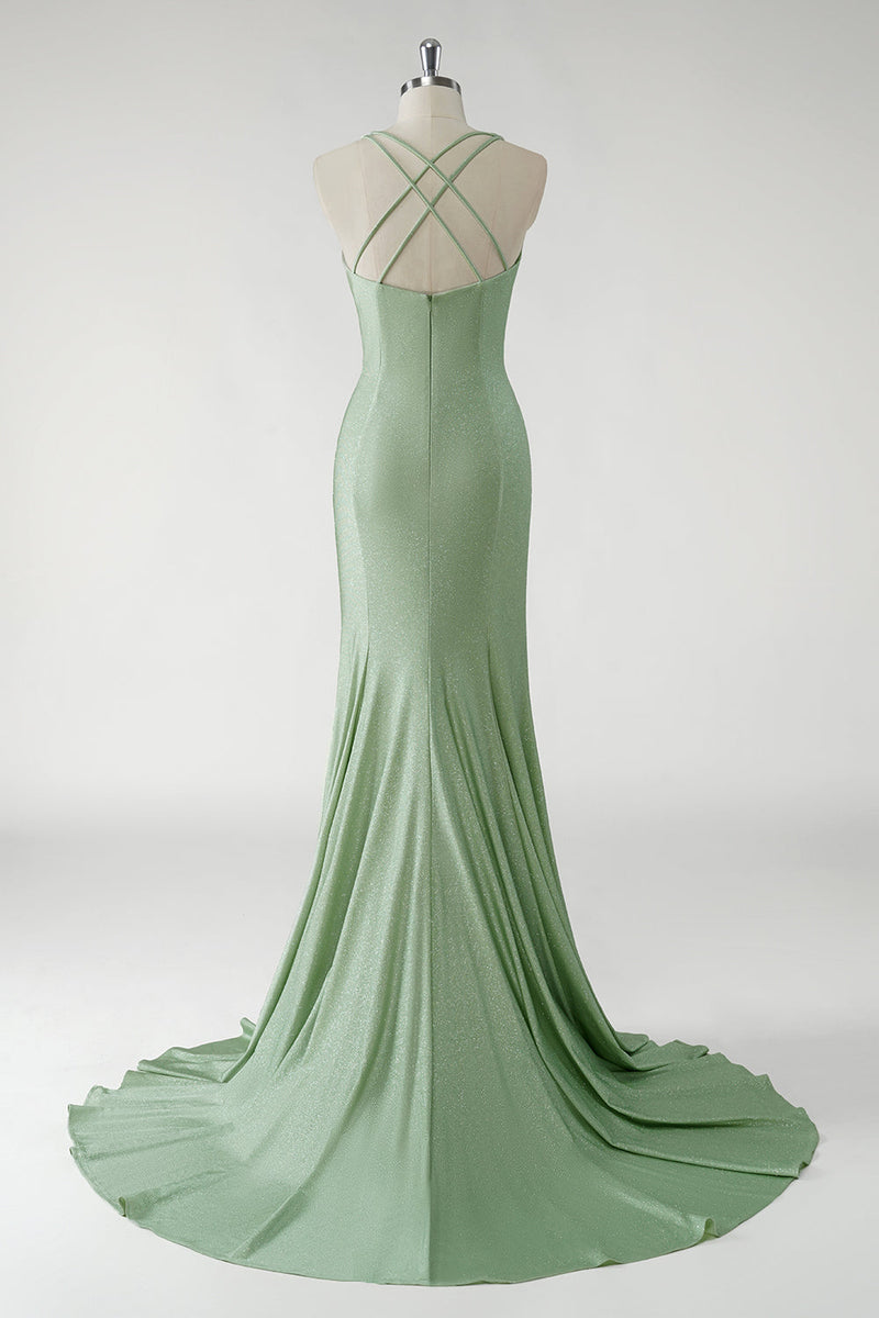 Load image into Gallery viewer, Sparkly Sheath Green Long Prom Dress with 3D Flowers