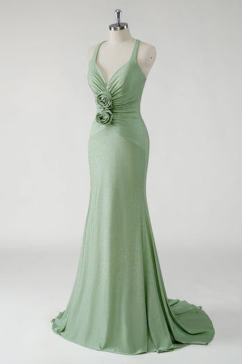 Sparkly Sheath Green Long Prom Dress with 3D Flowers