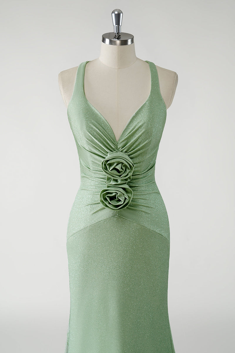 Load image into Gallery viewer, Sparkly Sheath Green Long Prom Dress with 3D Flowers