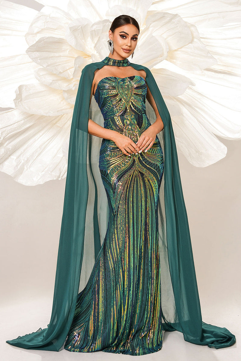 Load image into Gallery viewer, Green Sparkly Sequined Mermaid Evening Dress with Long Wrap