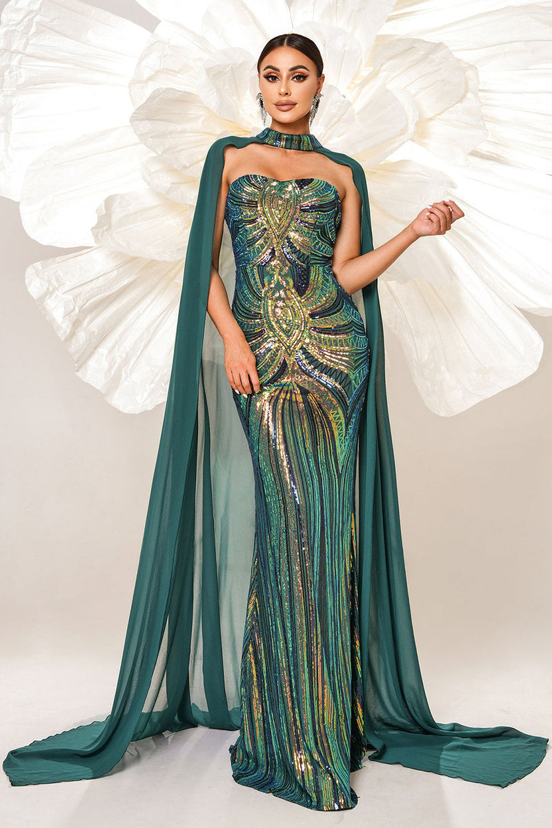 Load image into Gallery viewer, Green Sparkly Sequined Mermaid Evening Dress with Long Wrap