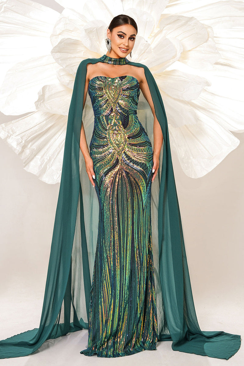 Load image into Gallery viewer, Green Sparkly Sequined Mermaid Evening Dress with Long Wrap