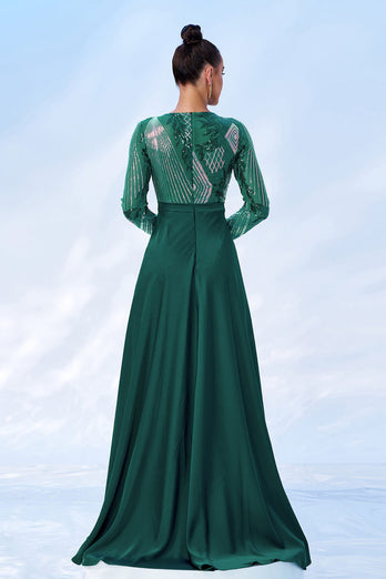 Green Sequins Printed Formal Dress with Long Sleeves