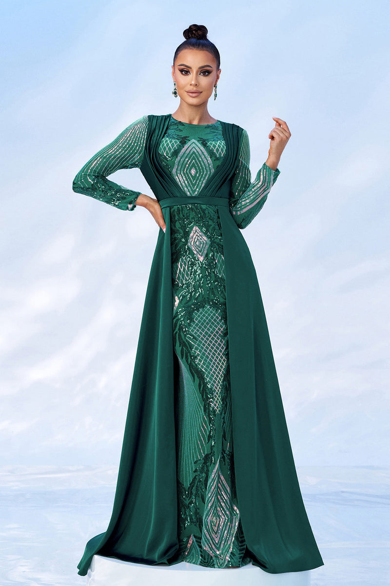 Load image into Gallery viewer, Green Sequins Printed Formal Dress with Long Sleeves