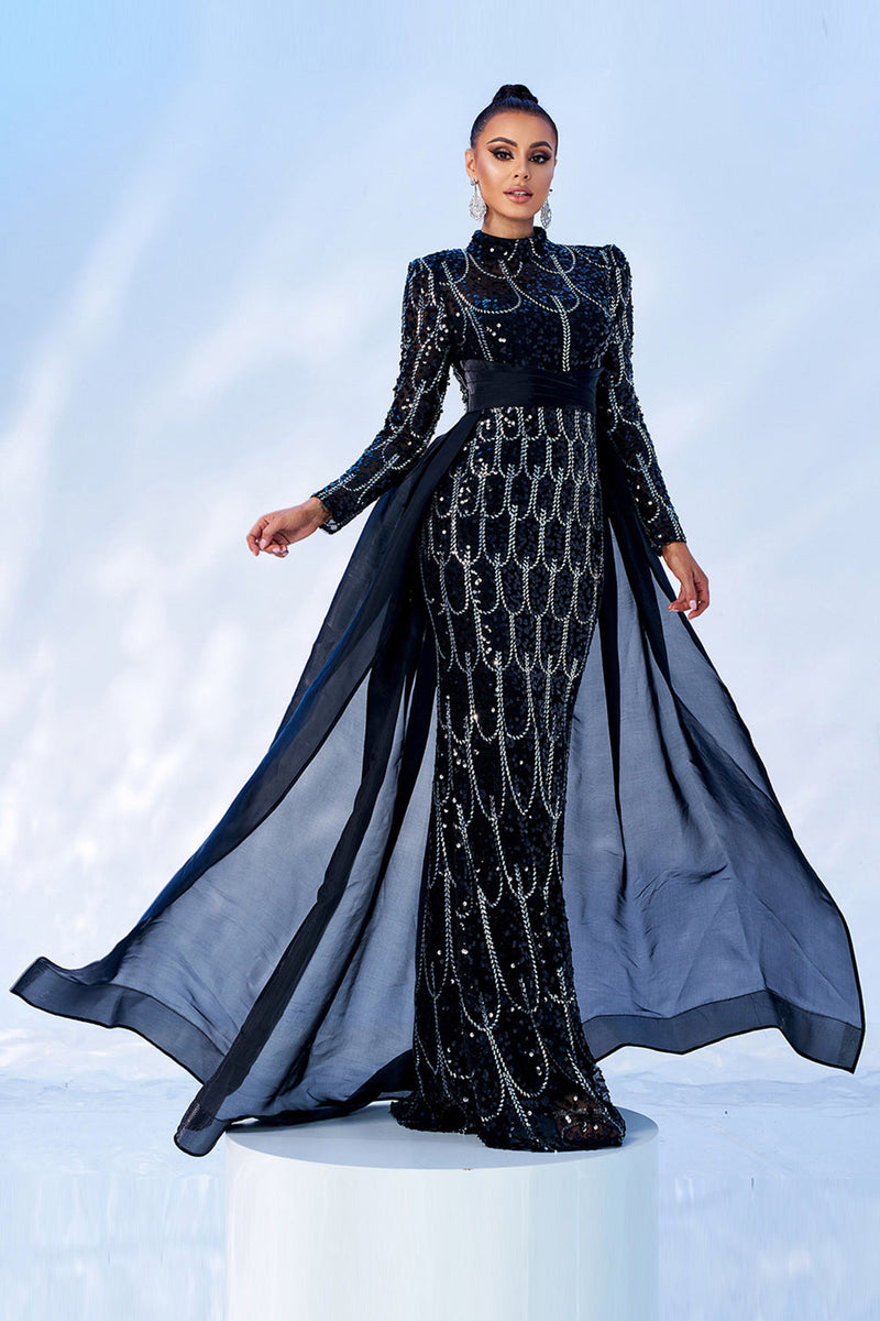 Load image into Gallery viewer, Gorgeous Black Mermaid Long Sleeves Beaded Prom Dress