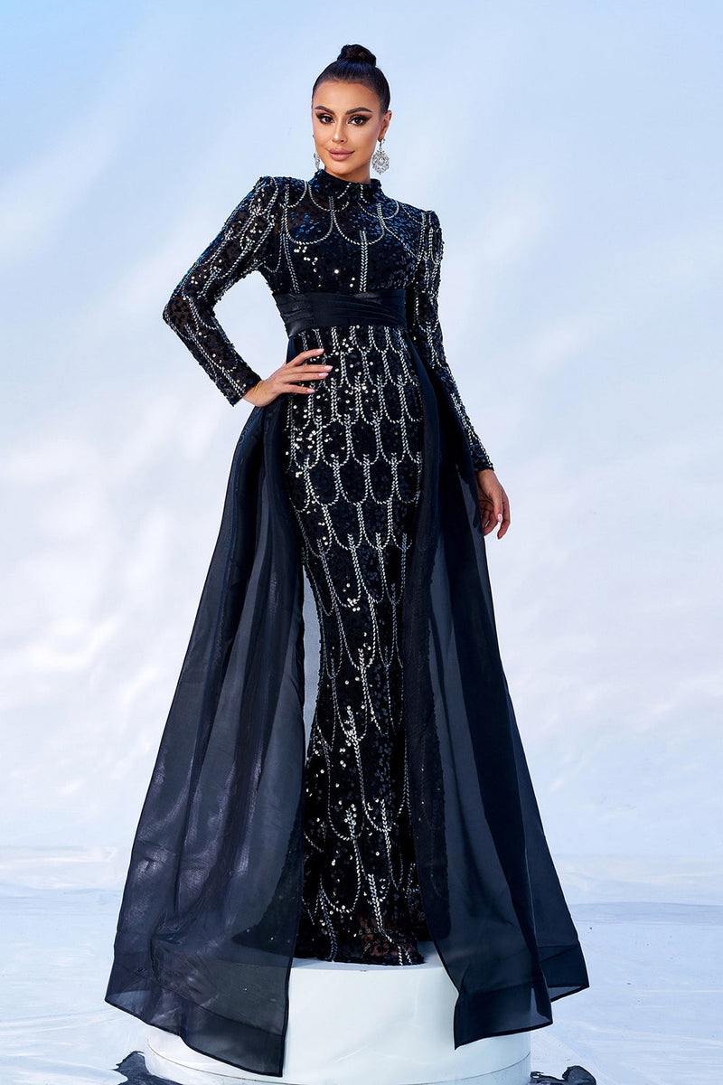 Load image into Gallery viewer, Gorgeous Black Mermaid Long Sleeves Beaded Prom Dress