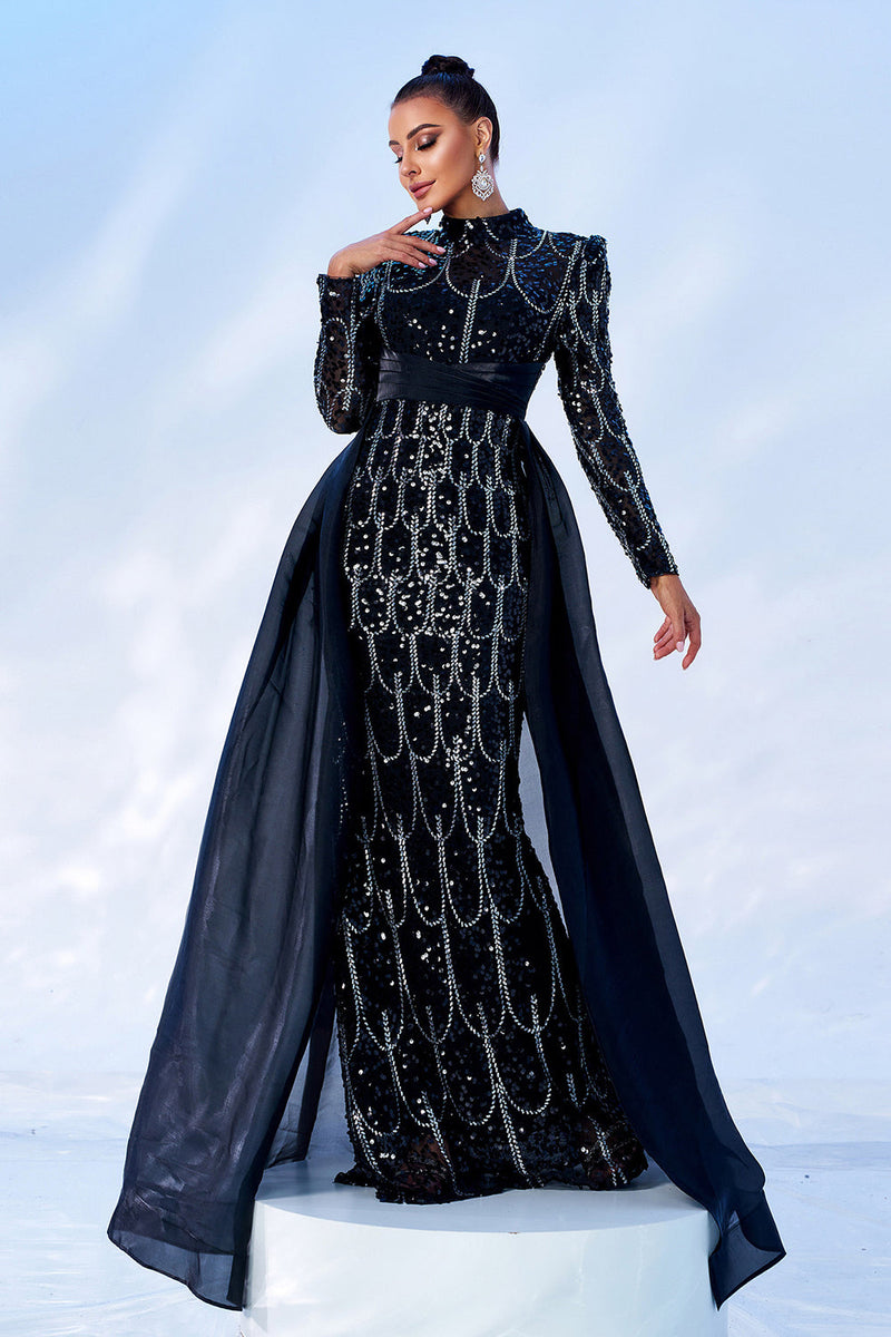 Load image into Gallery viewer, Gorgeous Black Mermaid Long Sleeves Beaded Prom Dress