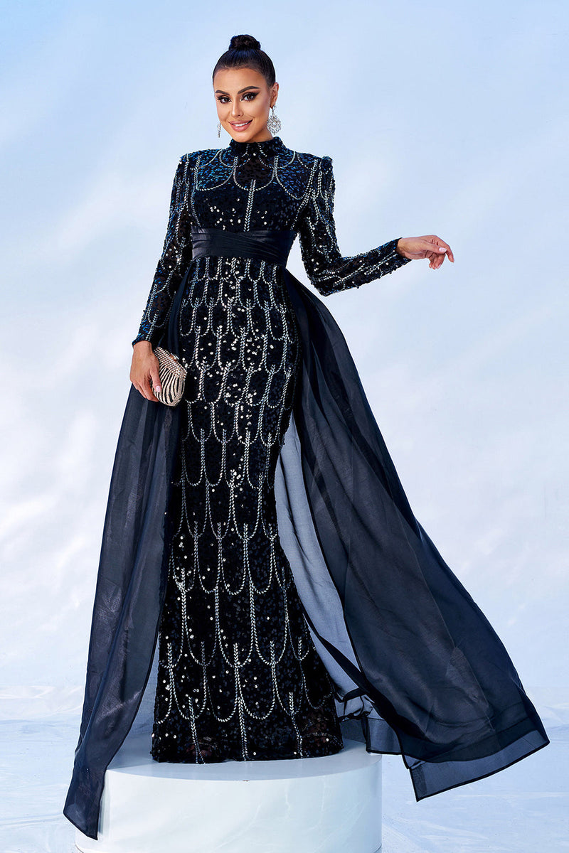 Load image into Gallery viewer, Gorgeous Black Mermaid Long Sleeves Beaded Prom Dress