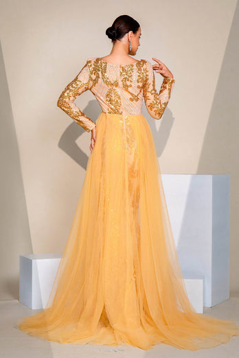 Golden Sparkly Mermaid Long Sleeves Prom Dress with Slit