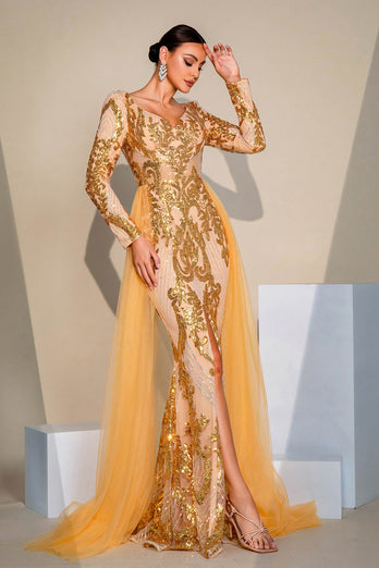 Golden Sparkly Mermaid Long Sleeves Prom Dress with Slit