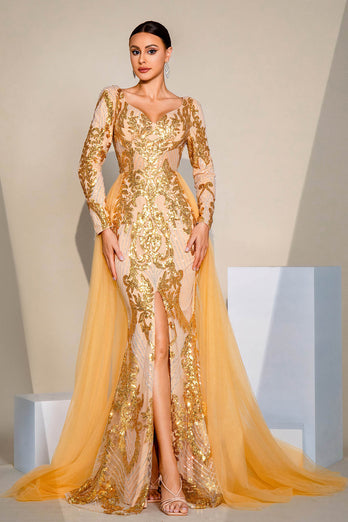 Golden Sparkly Mermaid Long Sleeves Prom Dress with Slit