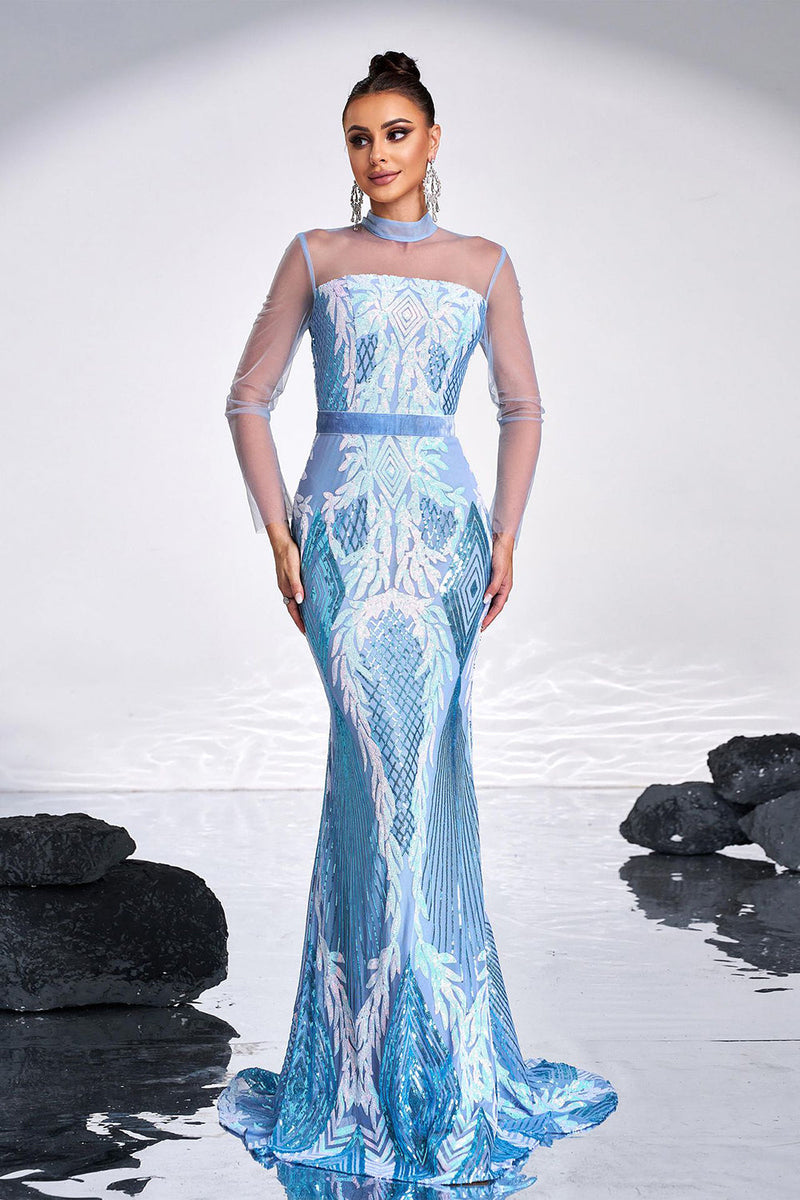 Load image into Gallery viewer, Ligth Blue Mermaid Printed Illusion Sleeves Prom Dress