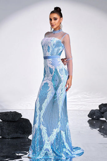 Ligth Blue Mermaid Printed Illusion Sleeves Prom Dress