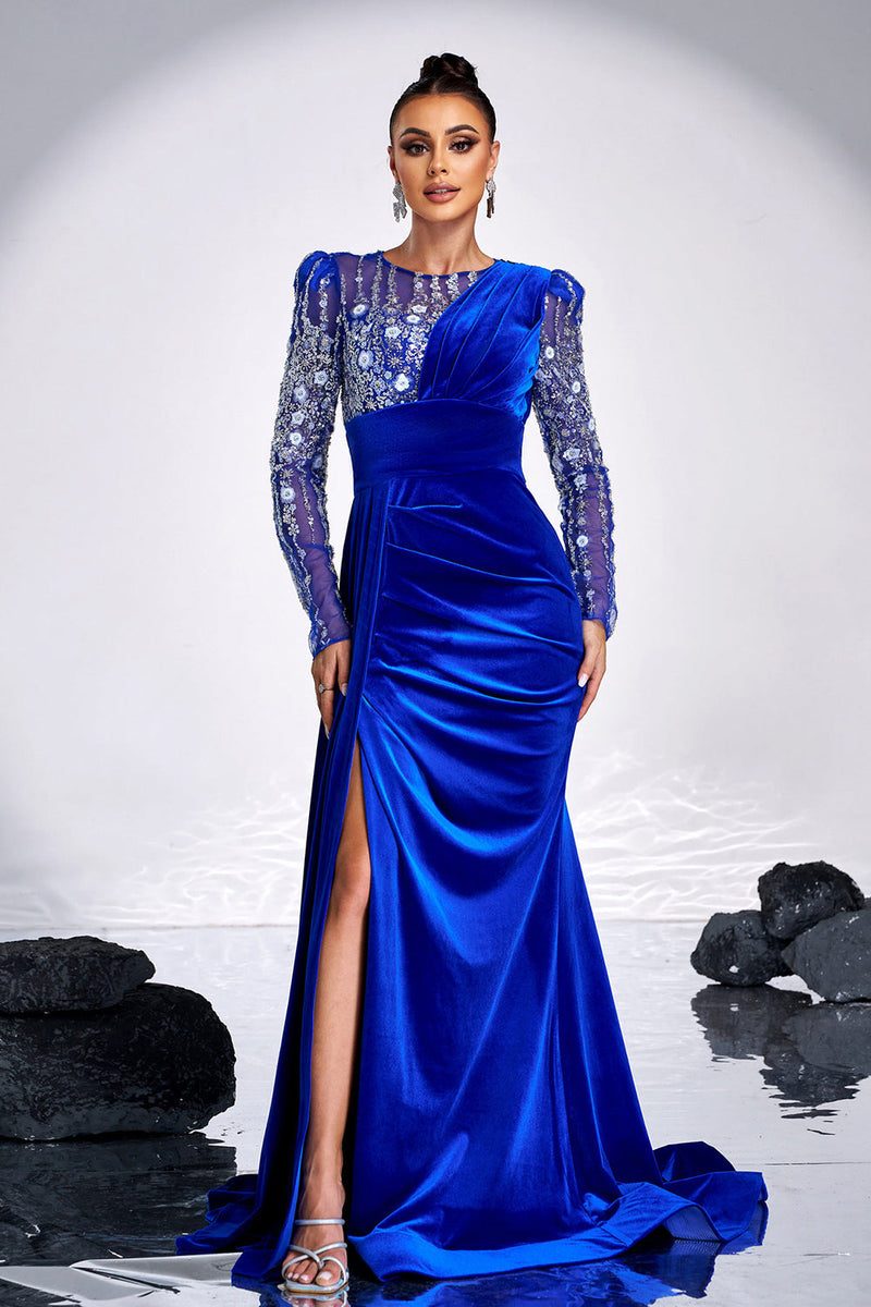 Load image into Gallery viewer, Royal Blue Beaded Mermaid Velvet Prom Dress