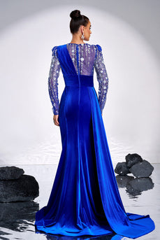 Royal Blue Beaded Mermaid Velvet Prom Dress