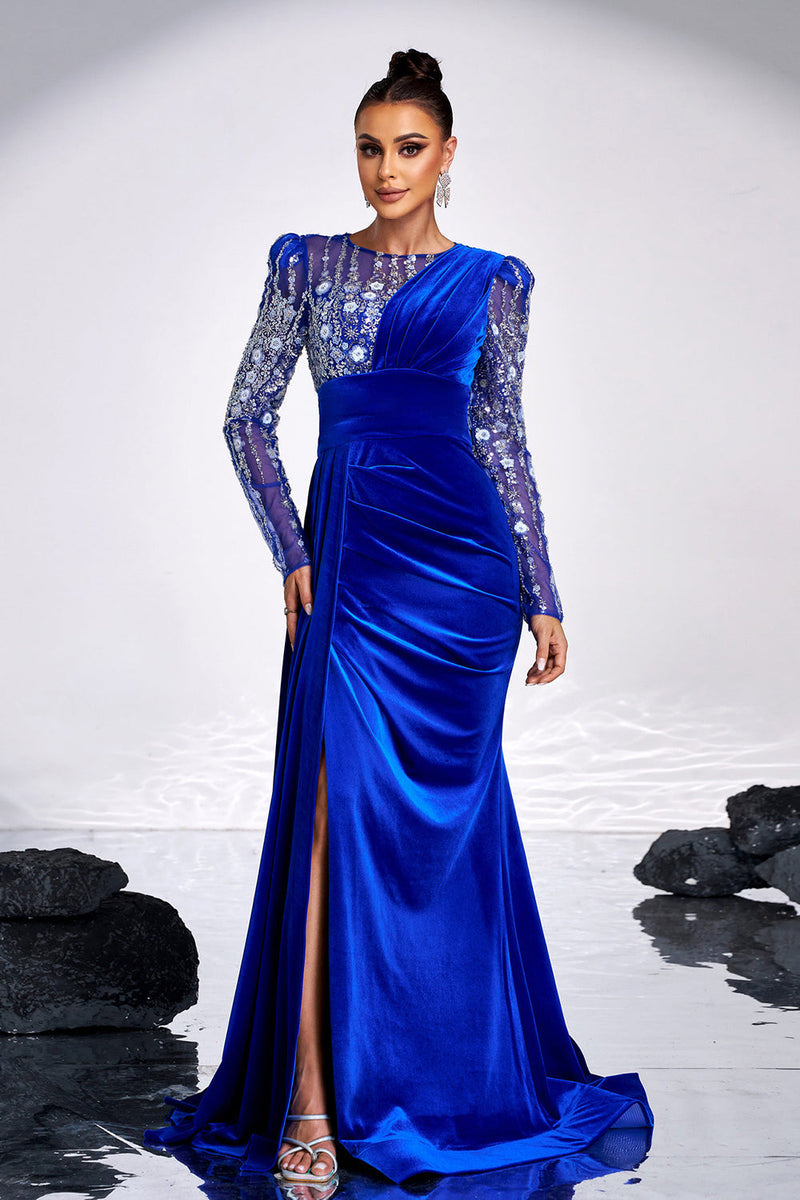 Load image into Gallery viewer, Royal Blue Beaded Mermaid Velvet Prom Dress