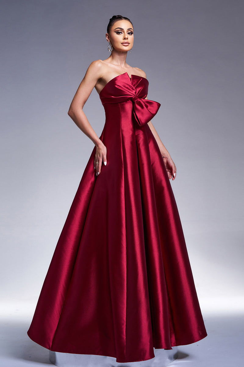 Load image into Gallery viewer, Burgundy A-Line Strapless Satin Prom Dress with Bow