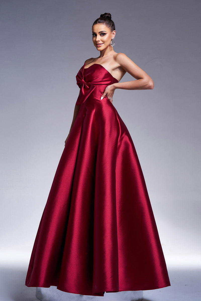 Load image into Gallery viewer, Burgundy A-Line Strapless Satin Prom Dress with Bow