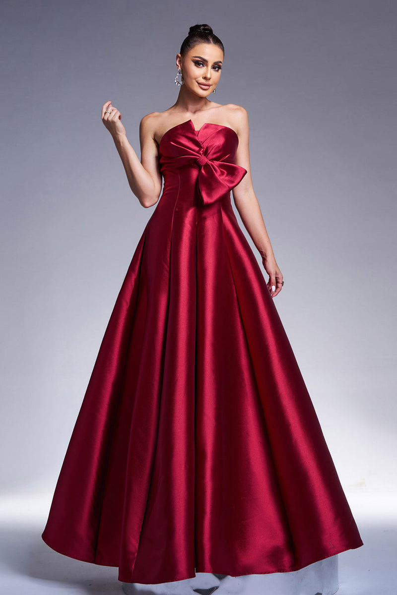 Load image into Gallery viewer, Burgundy A-Line Strapless Satin Prom Dress with Bow