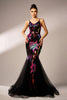 Load image into Gallery viewer, Sparkly Floral Black Mermaid Spaghetti Straps Tulle Prom Dress