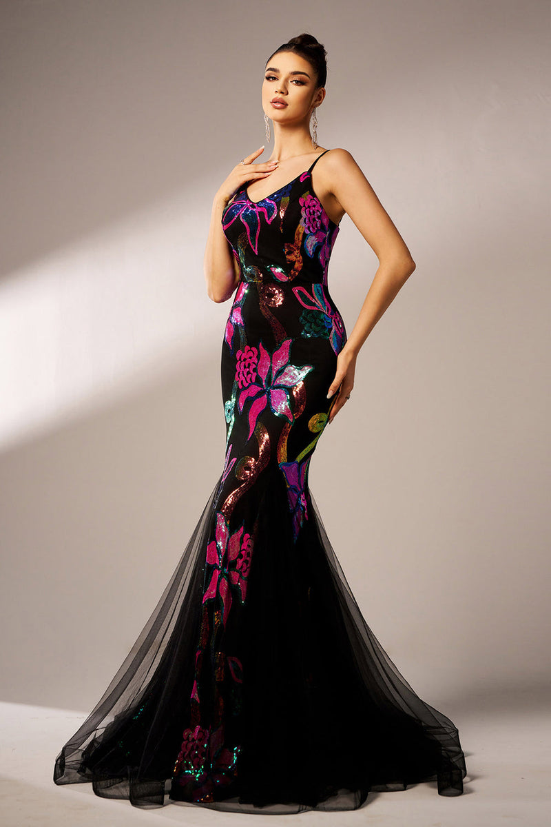 Load image into Gallery viewer, Sparkly Floral Black Mermaid Spaghetti Straps Tulle Prom Dress