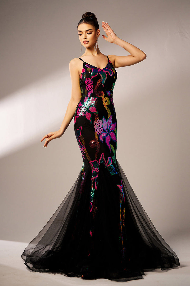 Load image into Gallery viewer, Sparkly Floral Black Mermaid Spaghetti Straps Tulle Prom Dress