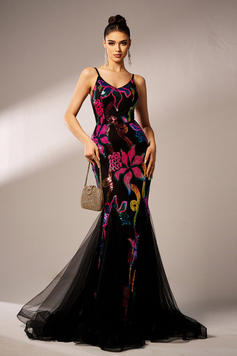 Load image into Gallery viewer, Sparkly Floral Black Mermaid Spaghetti Straps Tulle Prom Dress