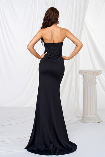 Black Mermaid Strapless Corset Keyhole Prom Dress with Slit