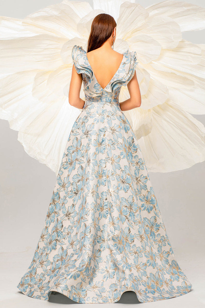 Load image into Gallery viewer, Light Blue A Line Floral Print Ruffled Sleeves Prom Dress