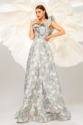 Light Blue A Line Floral Print Ruffled Sleeves Prom Dress