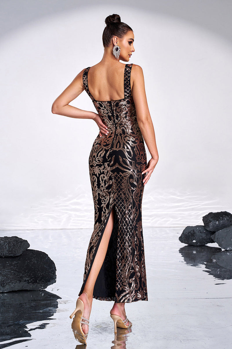 Load image into Gallery viewer, Black Golden Print Sequins Mermaid Square Neck Long Prom Dress