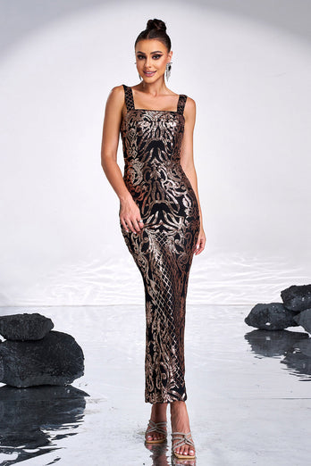 Black Golden Print Sequins Mermaid Square Neck Long Prom Dress