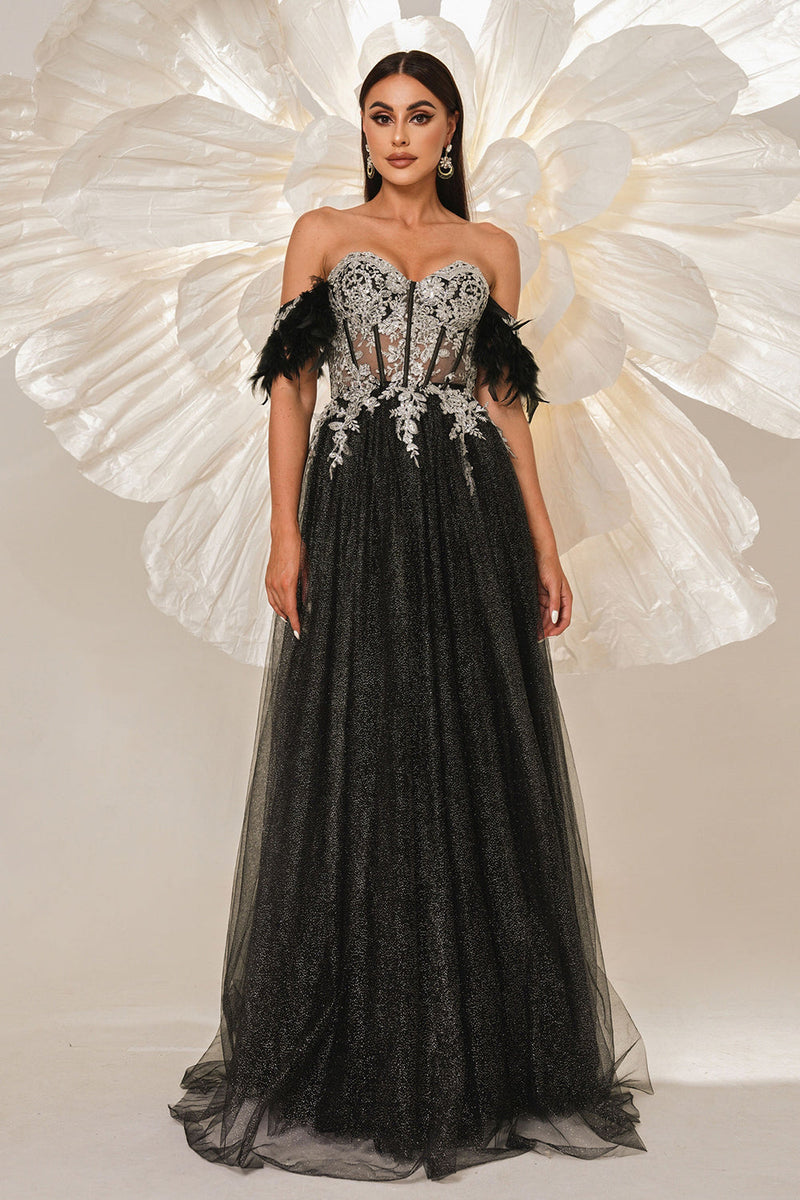 Load image into Gallery viewer, Glitter Black Off the Shouler A-Line Tulle Long Corset Prom Dress with Feather