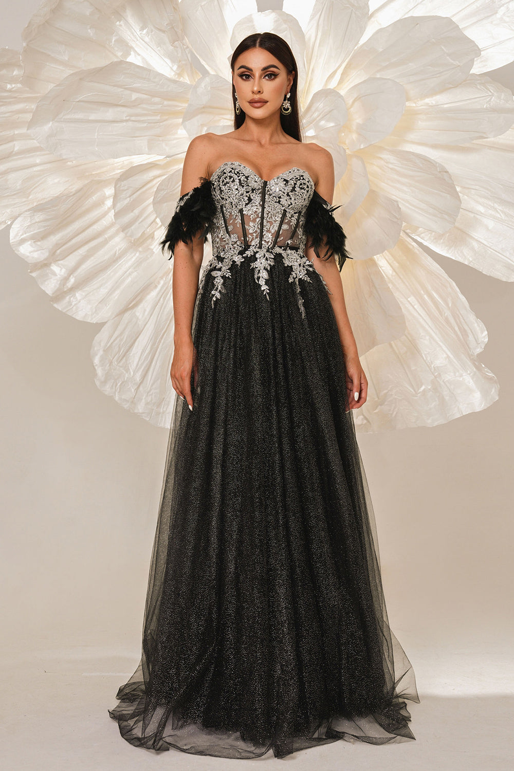 Glitter Black Off the Shouler A-Line Tulle Long Corset Prom Dress with Feather