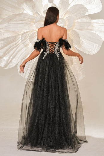 Glitter Black Off the Shouler A-Line Tulle Long Corset Prom Dress with Feather